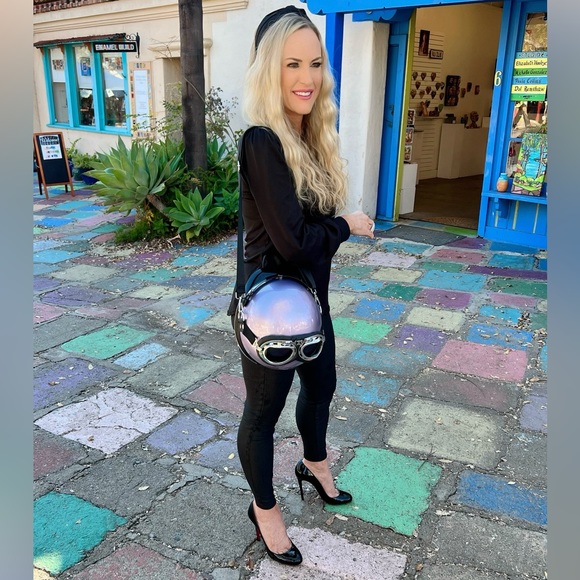 Purple Lavender Metallic Motorcycle Helmet Backpack Crossbody Shoulder Bag Purse - Picture 4 of 13